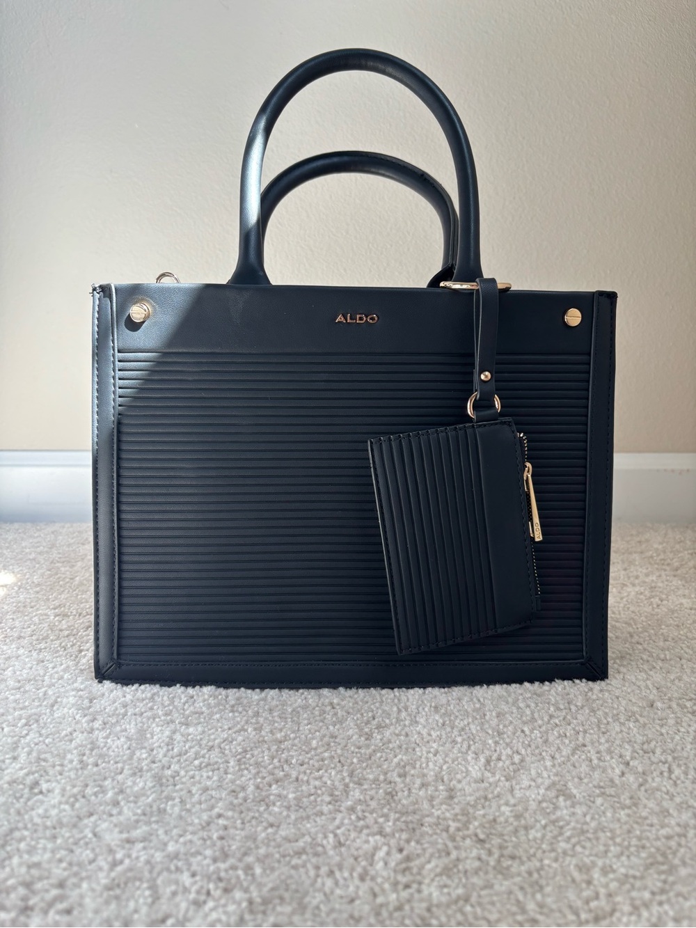 ALDO Black Ribbed Top-Handle Tote with Zip Pouch
